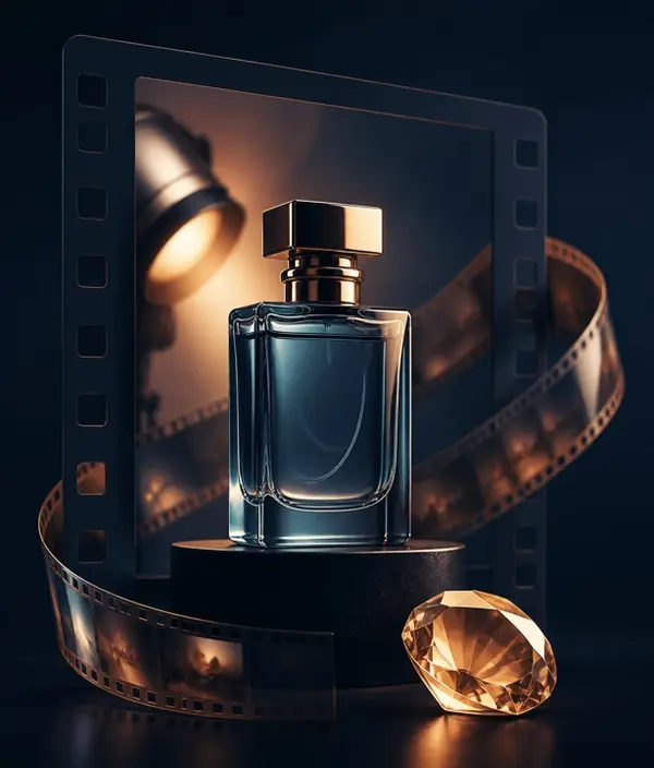 Perfume bottle in a cinematic product film frame