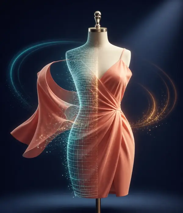 Coral dress on a mannequin, half rendered as a digital mesh